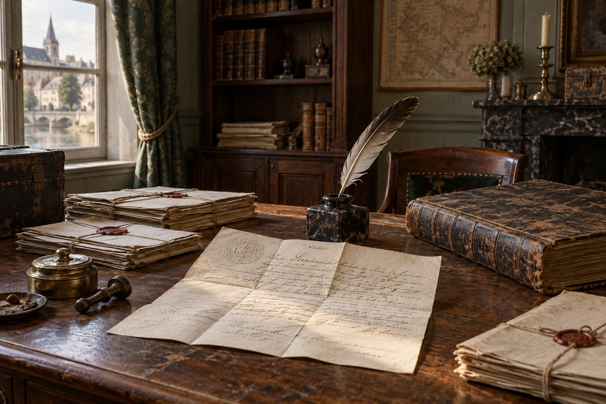 Illustration contemporaine : Document manuscrit et liasses cachetées sur un bureau, près d’une plume et d’un encrier.
