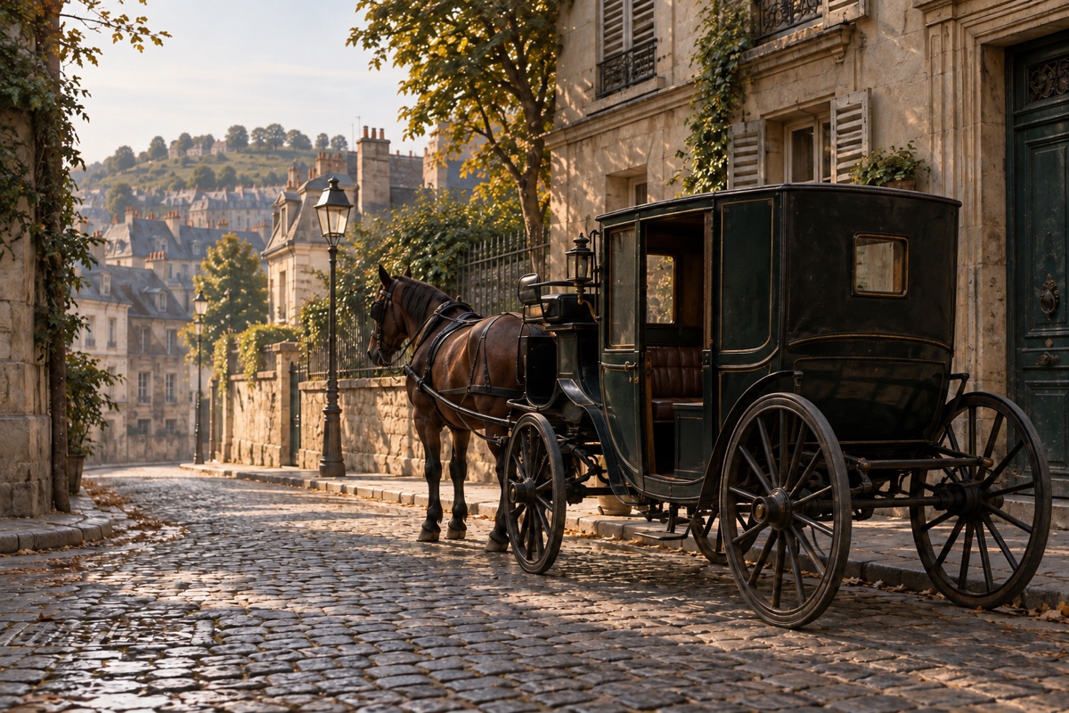 Illustration contemporaine : Fiacre attelé à un cheval dans une rue pavée bordée de maisons.