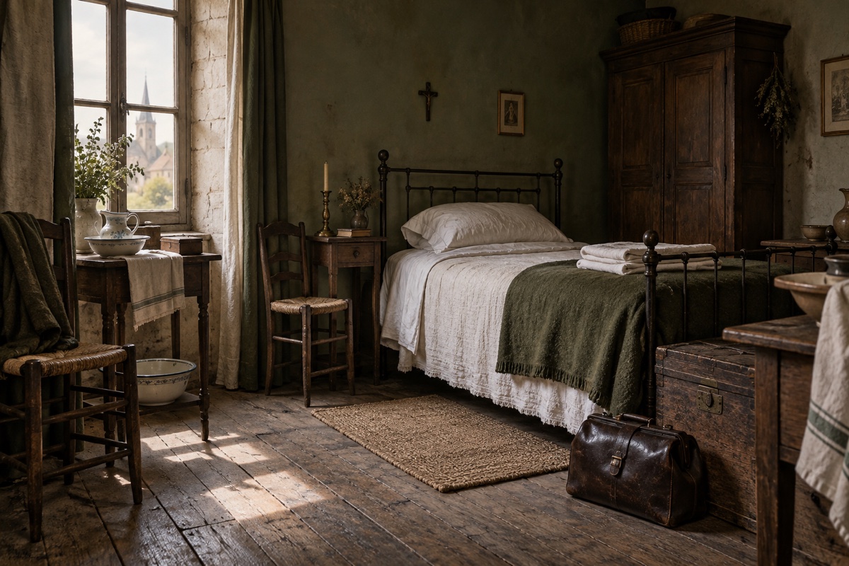Illustration contemporaine : Chambre avec lit, bassines et table de toilette près d’une fenêtre.
