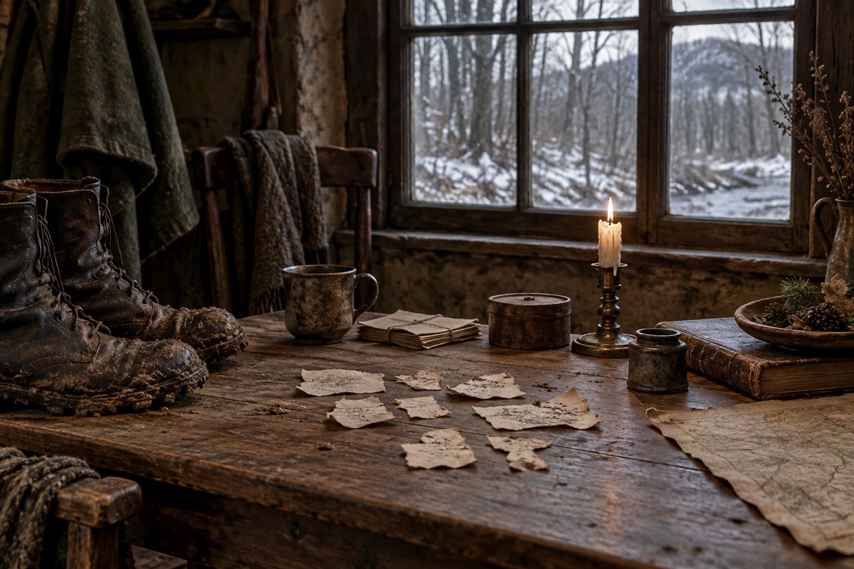 Illustration contemporaine : Fragments de papier sur une table près de bottes boueuses et d’une bougie, fenêtre sur un bois enneigé.