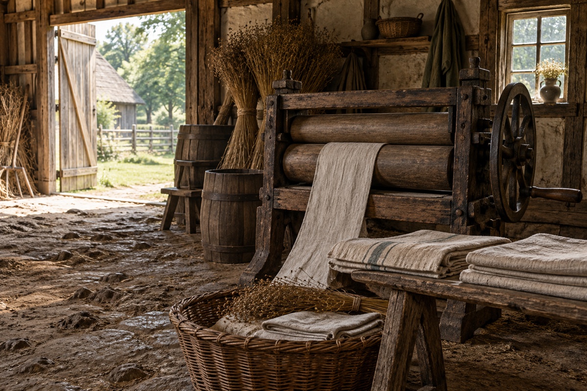 Illustration contemporaine : Machine à rouleaux de bois et linge dans une grange, panier et tonneaux.