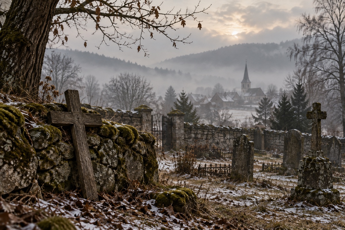 Illustration contemporaine : Croix de bois appuyée contre un mur de cimetière, tombes et village brumeux au loin.