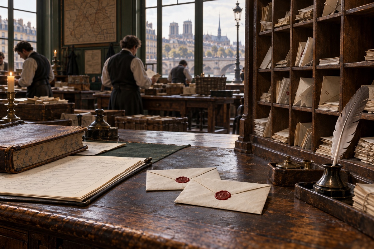Illustration contemporaine : Deux enveloppes cachetées et registre sur une table de tri postal, employés près des casiers.