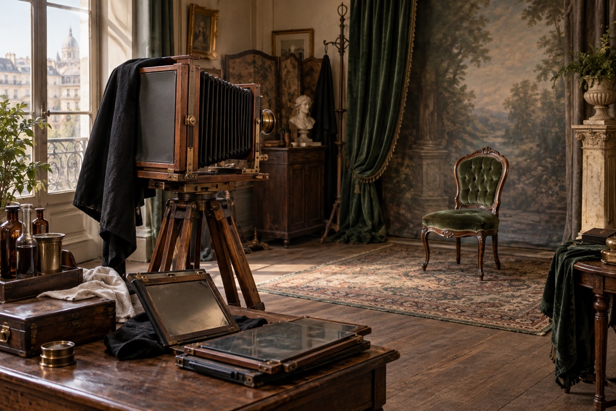 Illustration contemporaine : Appareil photographique à soufflet sur trépied dans un atelier, plaques sur une table et chaise devant un décor peint.