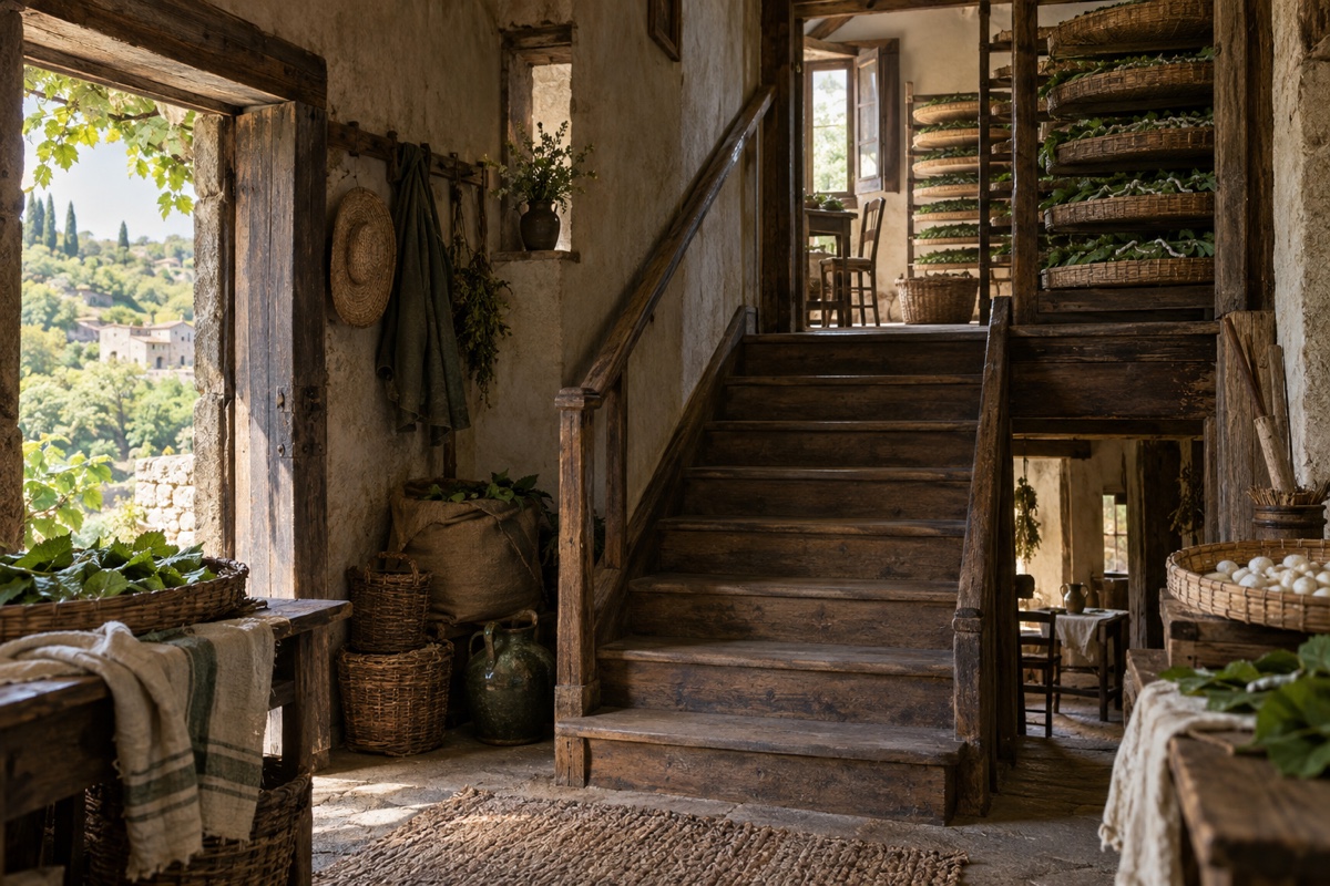 Illustration contemporaine : Escalier de bois dans un bâtiment rural entre des paniers de feuilles et des fournitures agricoles.