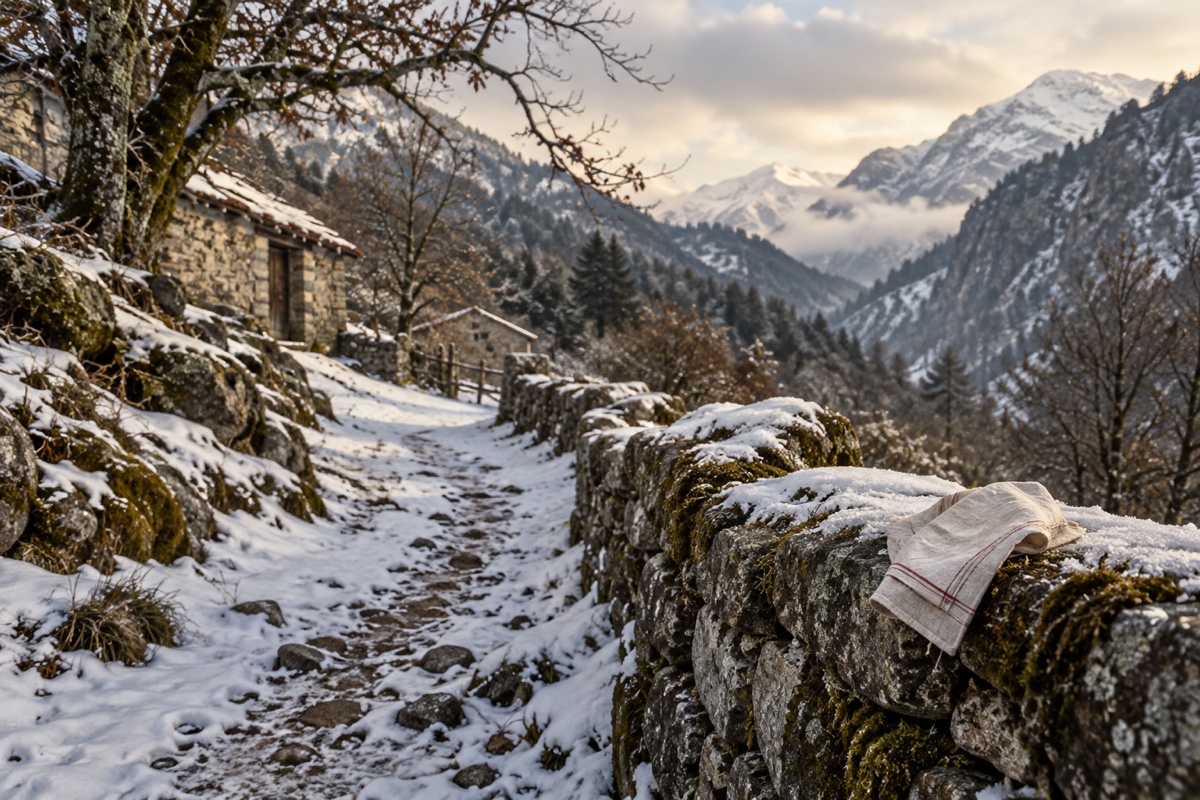 Illustration contemporaine : Sentier de montagne enneigé bordé d’un mur de pierre, avec une étoffe blanche posée dessus.