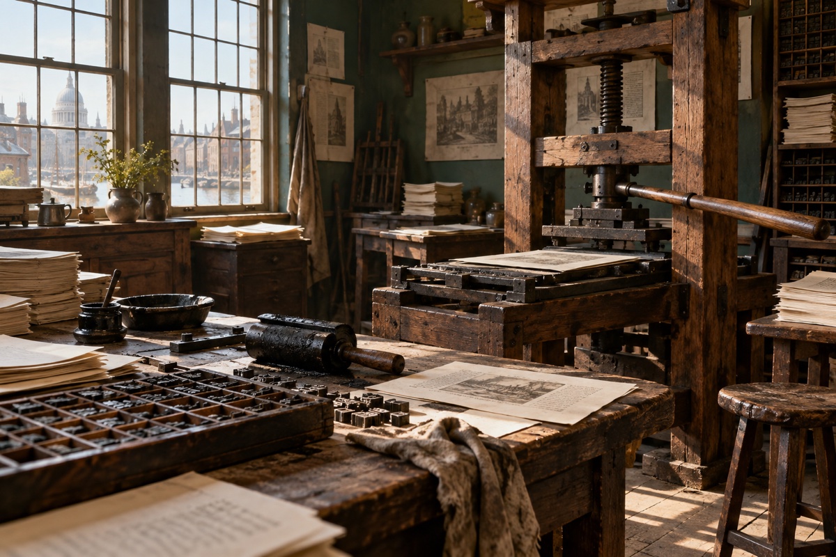 Illustration contemporaine : Presse d’imprimerie à vis, caractères mobiles et feuilles imprimées sur une table.