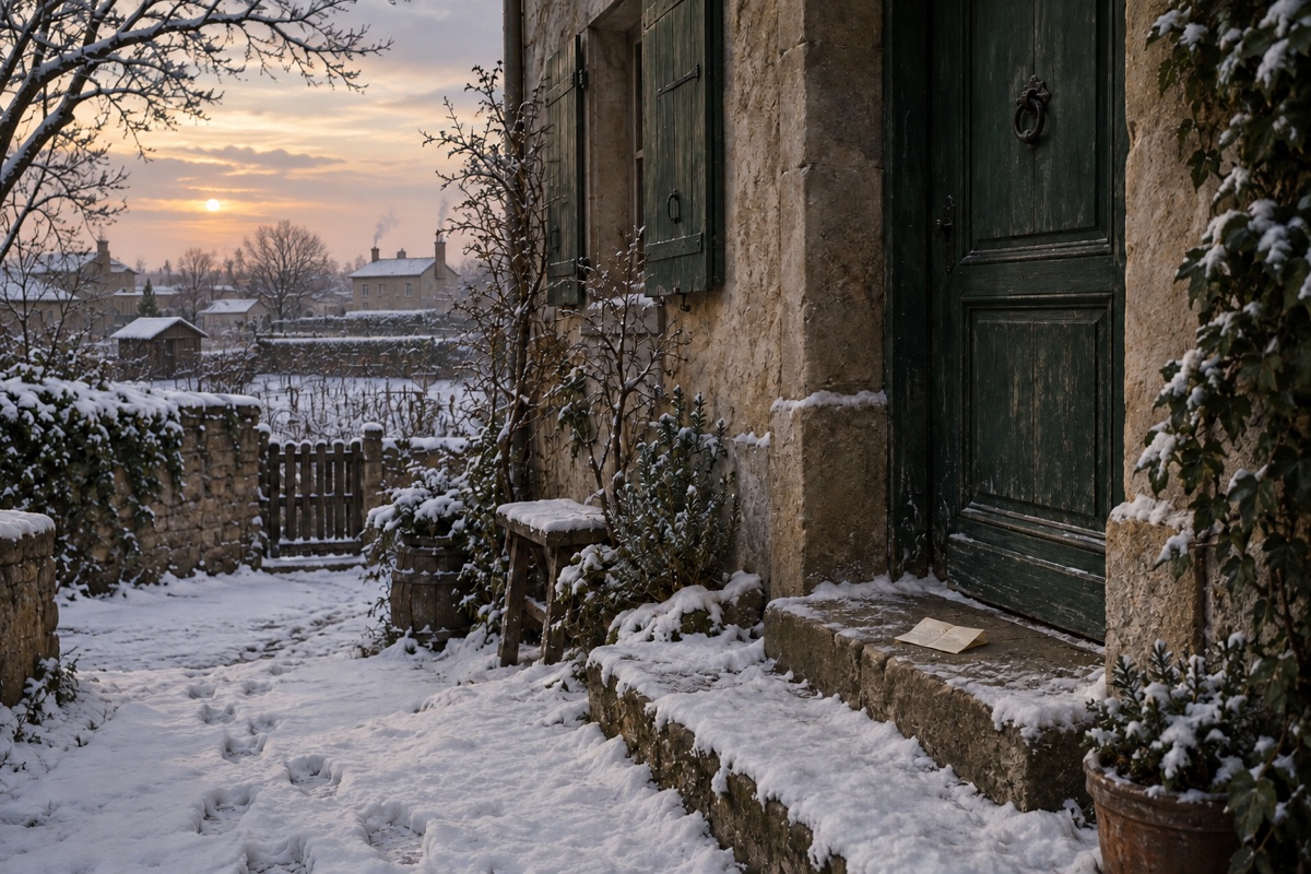 Illustration contemporaine : Enveloppe au seuil d’une porte verte, traces de pas dans une cour enneigée.