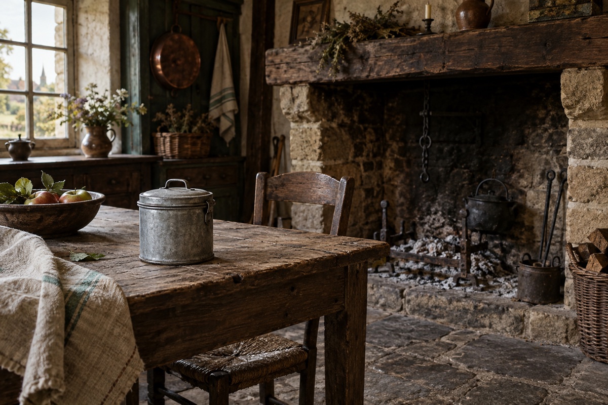 Illustration contemporaine : Récipient métallique fermé sur une table de cuisine près d’une cheminée pleine de cendres.