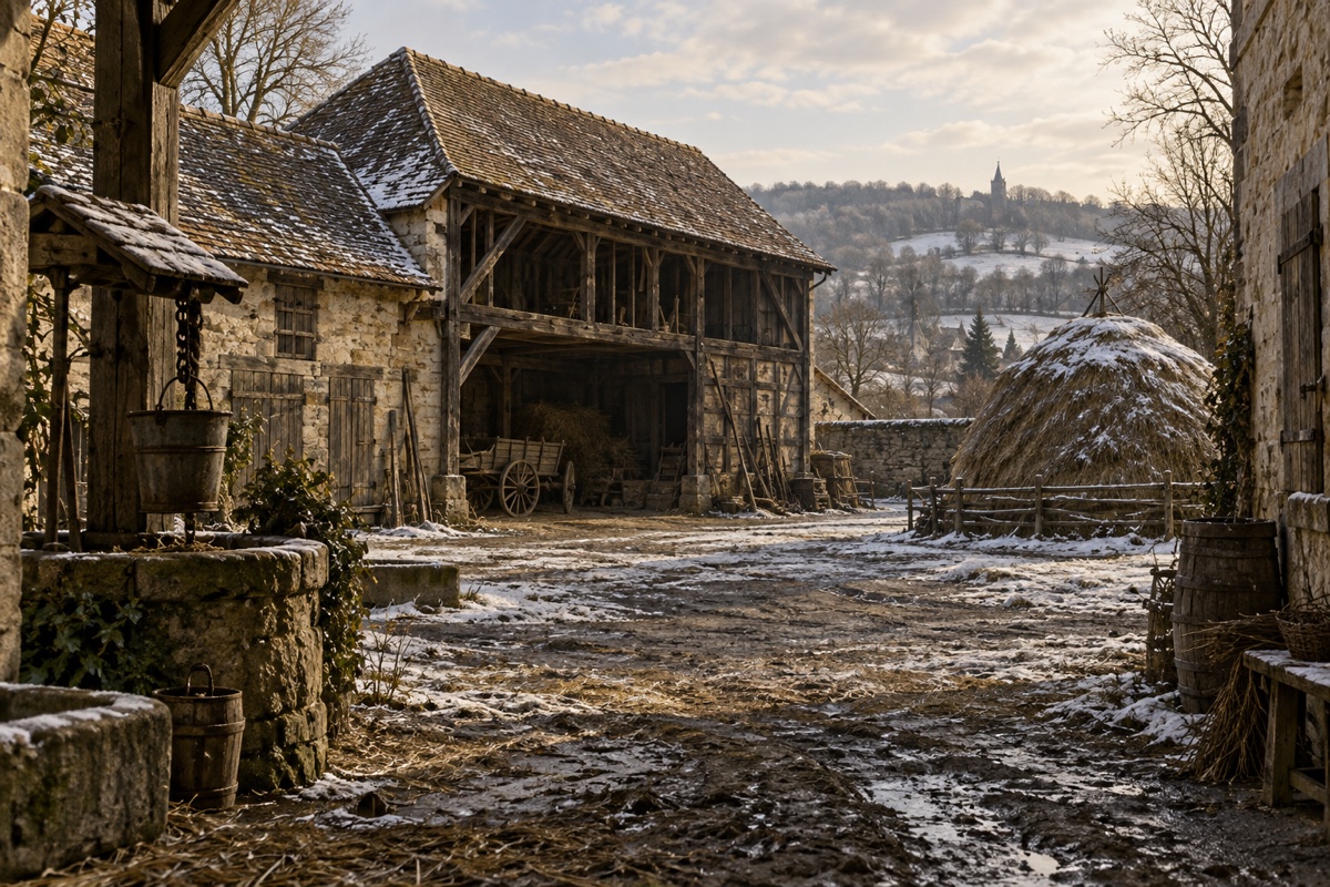 Illustration contemporaine : Cour de ferme enneigée avec grange, bâtiments agricoles et meule de foin.