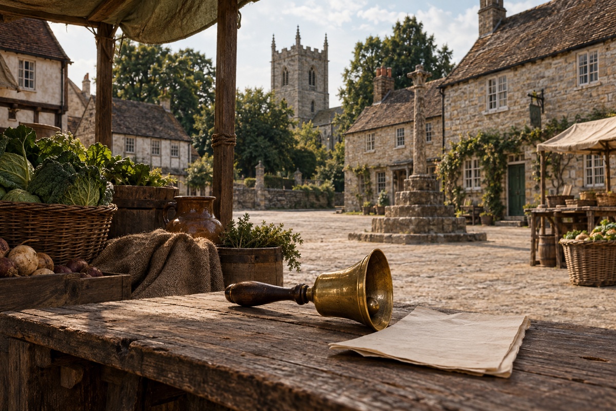 Illustration contemporaine : Cornet de crieur et feuillets sur une table devant une place de village et une église.