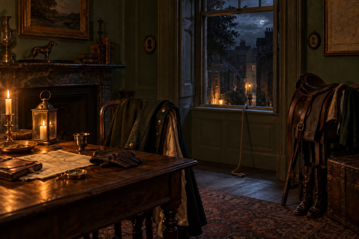 Illustration contemporaine : Corde près d’une fenêtre ouverte de nuit, manteau, bottes et carte sur une table.