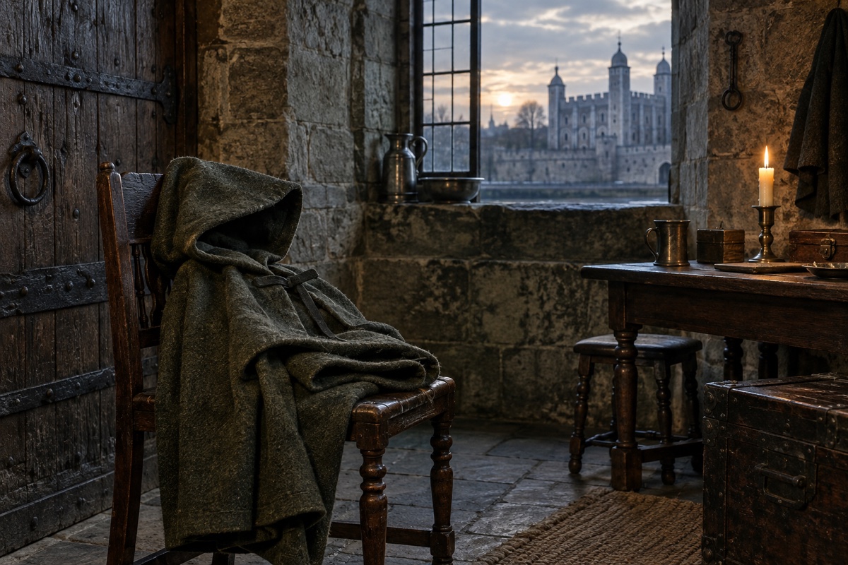 Illustration contemporaine : Manteau sur une chaise dans une pièce de pierre, fenêtre donnant sur une forteresse.