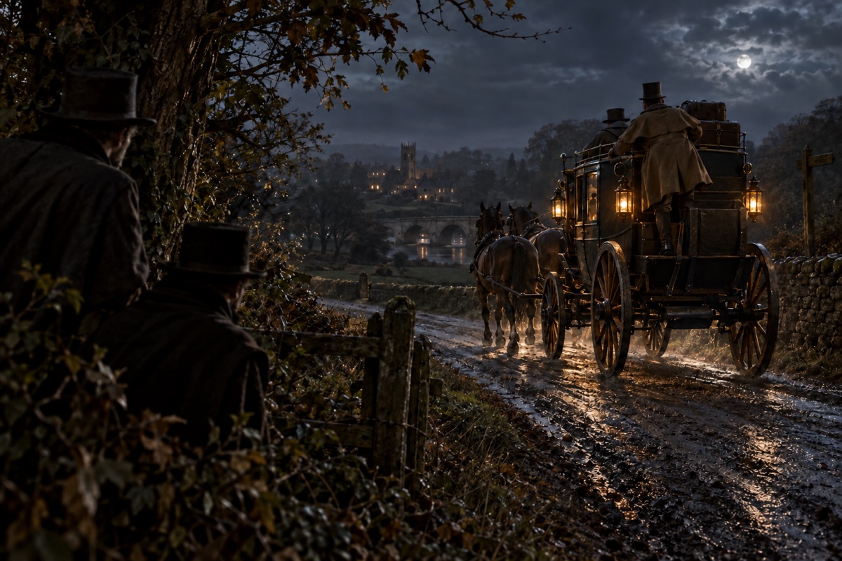 Illustration contemporaine : Diligence attelée sur une route nocturne, silhouettes près des arbres et homme à l’arrière de la voiture.