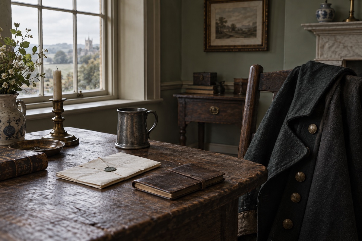 Illustration contemporaine : Enveloppe cachetée et carnet sur une table, manteau posé sur une chaise.