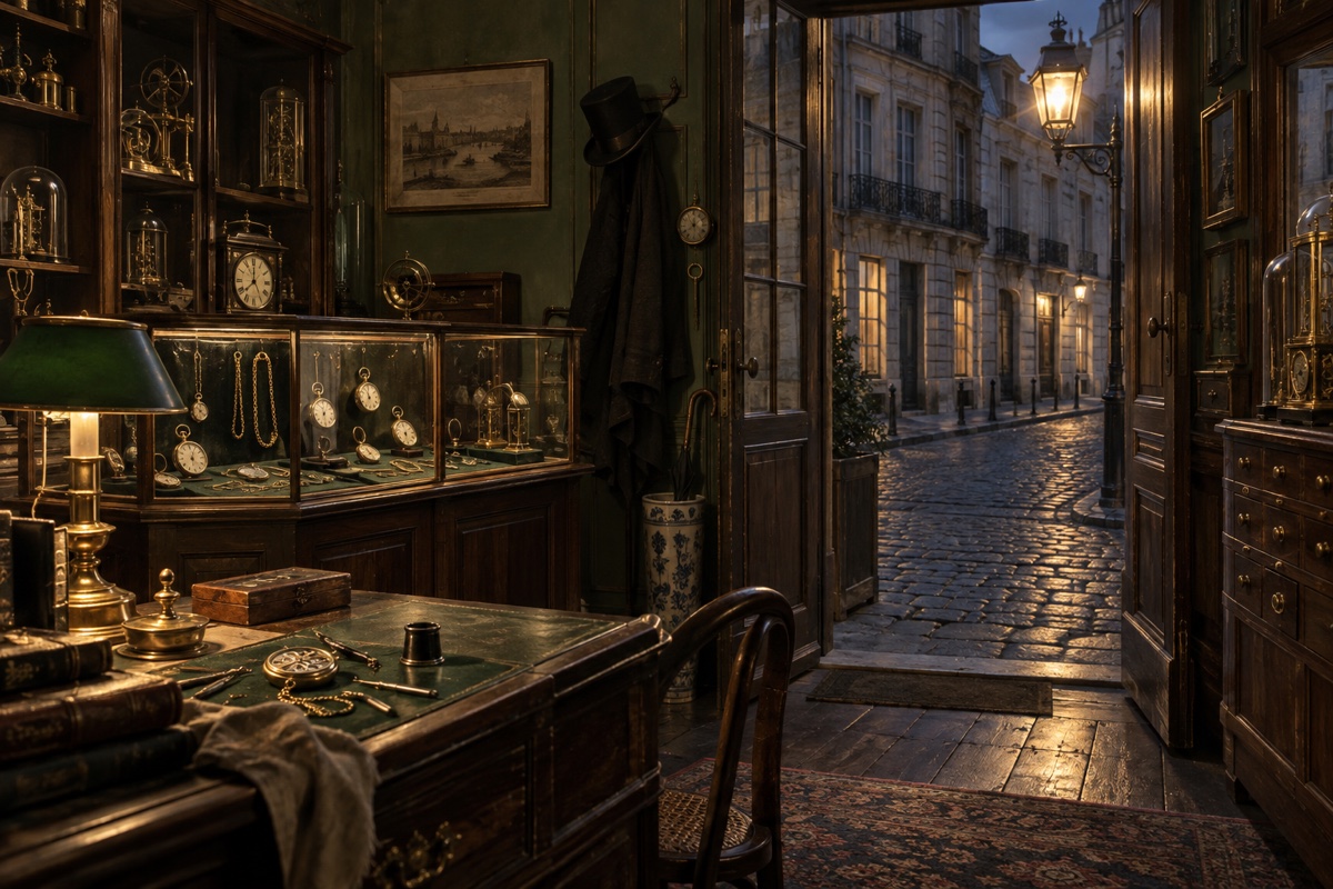 Illustration contemporaine : Boutique d’horlogerie avec montres en vitrine et établi, porte ouverte sur une rue nocturne.