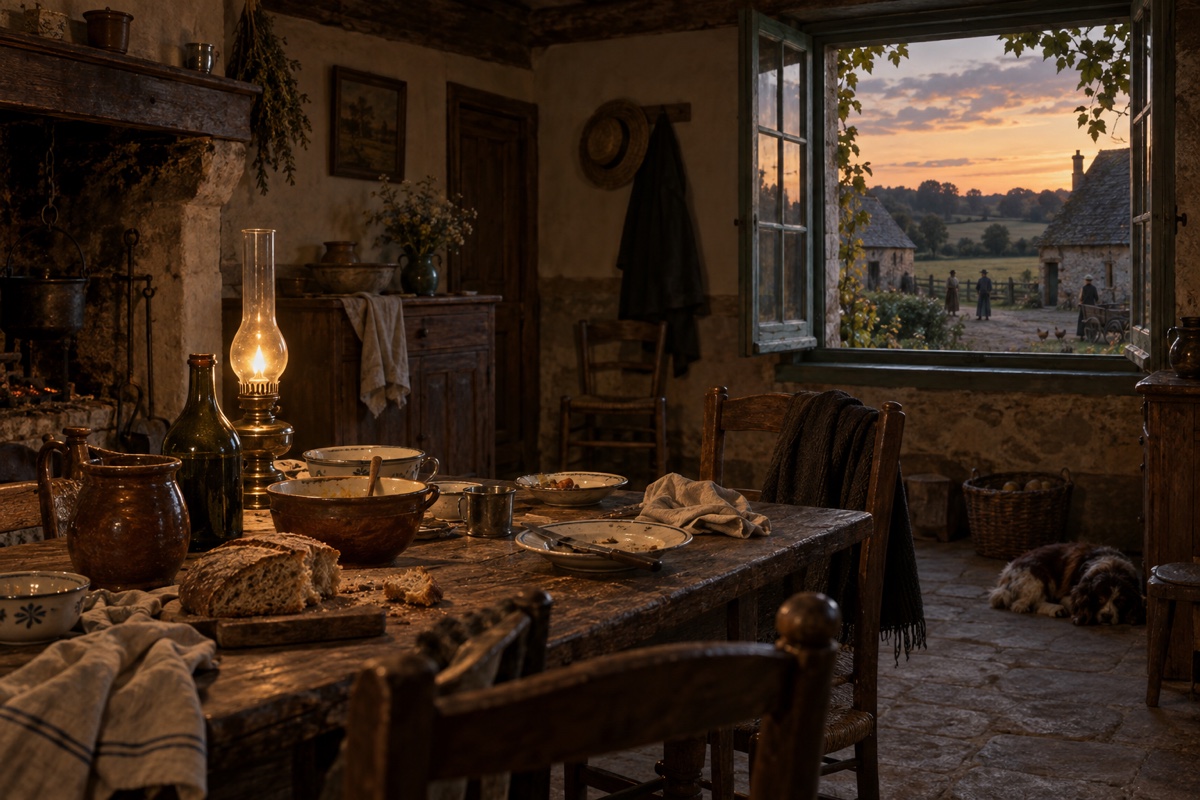 Illustration contemporaine : Table de ferme avec bols, pain, flacons et lampe, fenêtre donnant sur une cour au crépuscule.