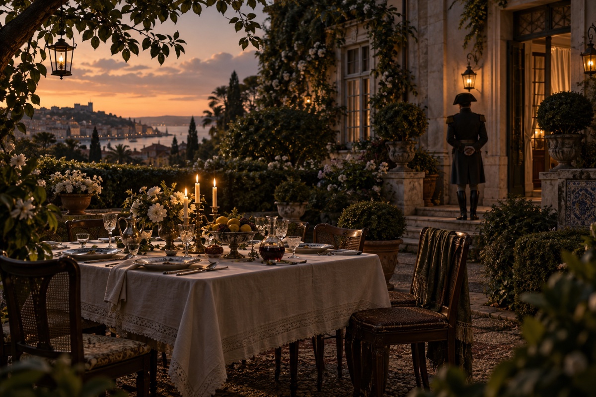 Illustration contemporaine : Table dressée dans un jardin au crépuscule, homme au seuil d’une maison éclairée.