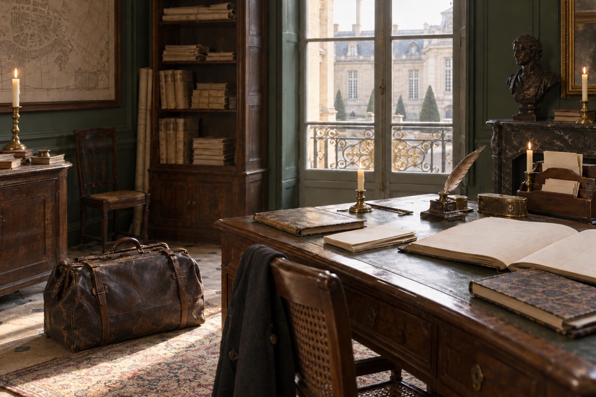 Illustration contemporaine : Sac de voyage près de registres et de cahiers ouverts sur un bureau.