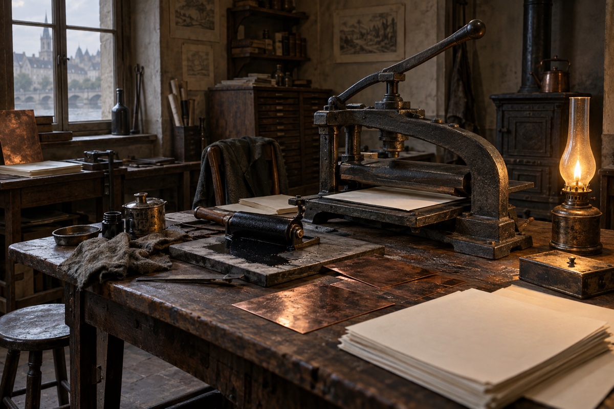 Illustration contemporaine : Presse manuelle et plaques sur une table d’atelier, feuilles et matériel d’impression.