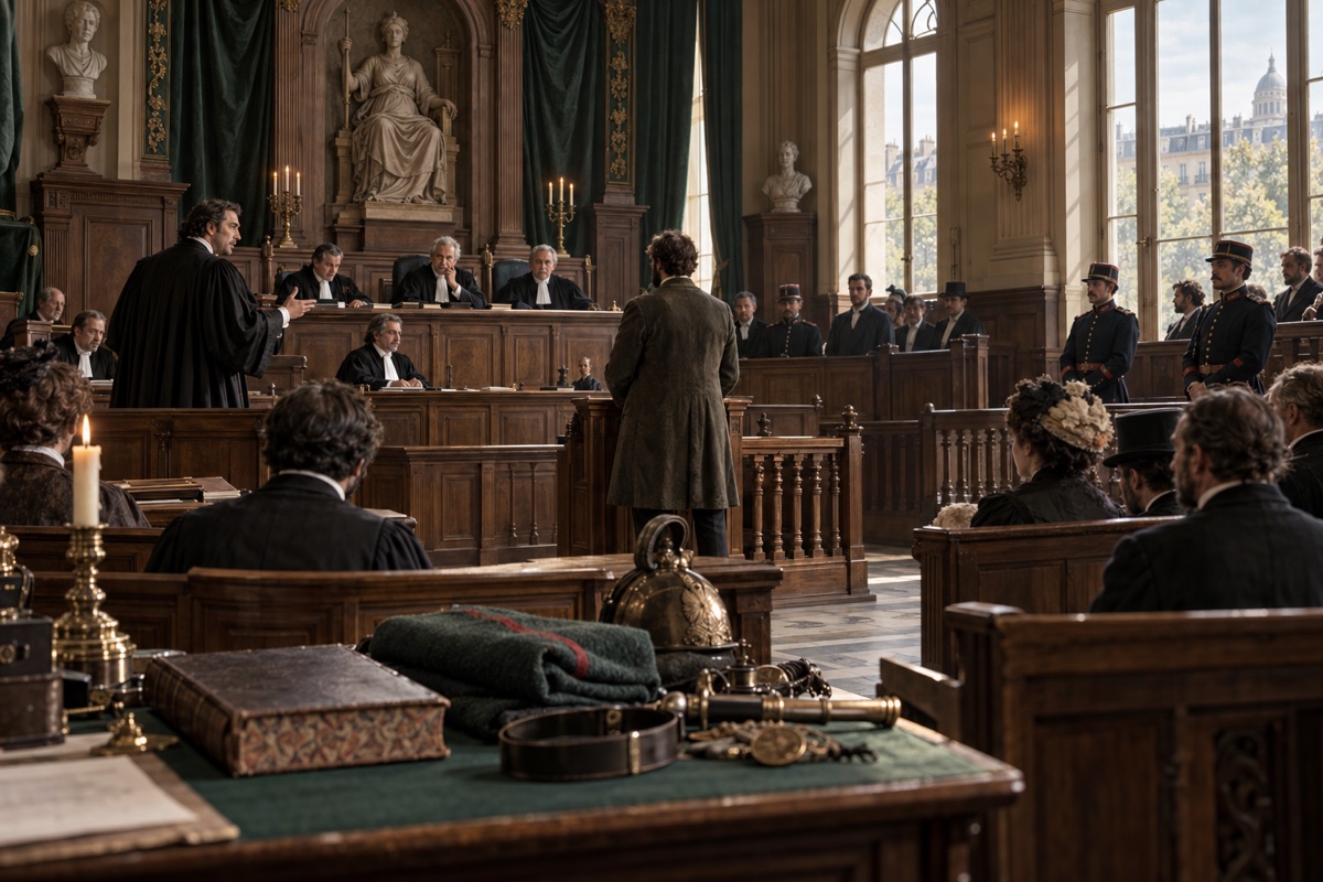 Illustration contemporaine : Salle d’audience avec homme debout, magistrats et public, documents et objets disposés au premier plan.