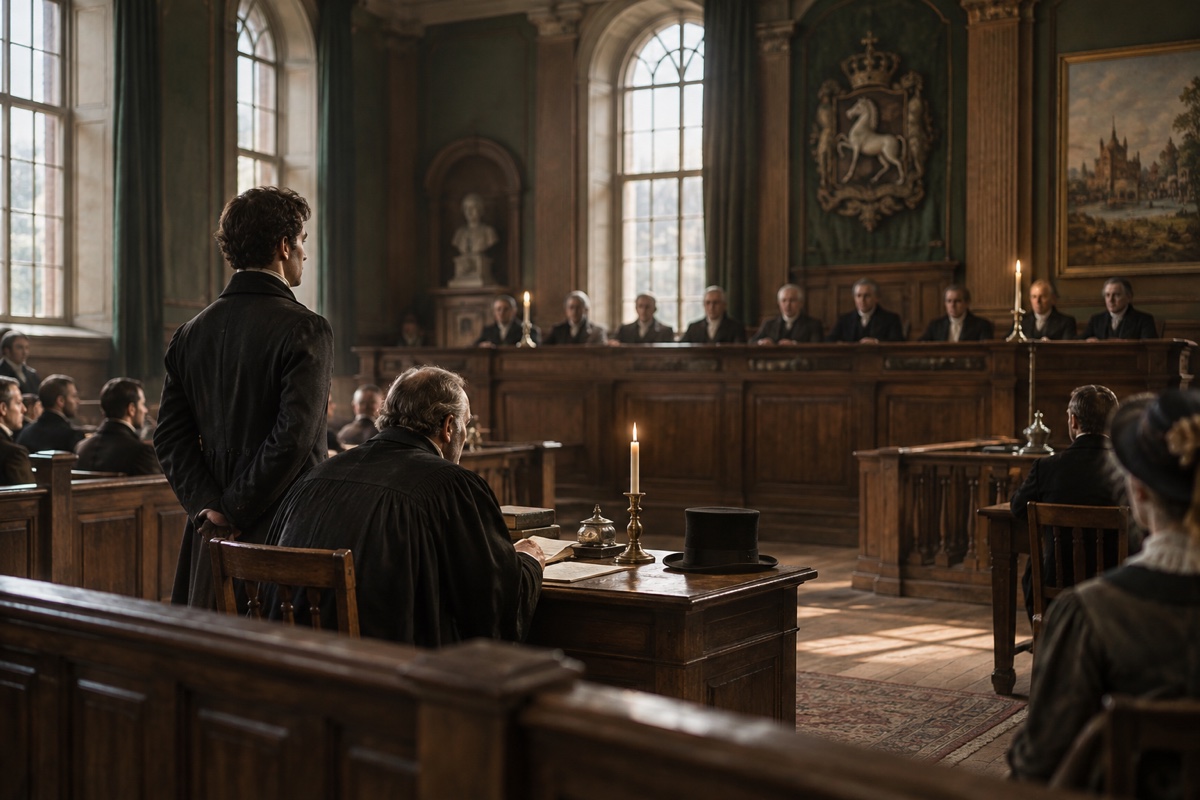 Illustration contemporaine : Salle d’audience avec homme debout, avocat assis et rang de magistrats en robes.