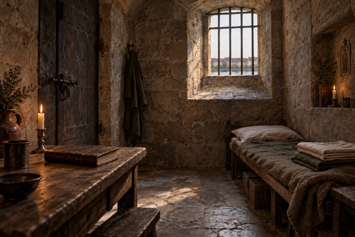 Illustration contemporaine : Cellule avec lit, linge plié, petite table portant un livre fermé et fenêtre à barreaux.