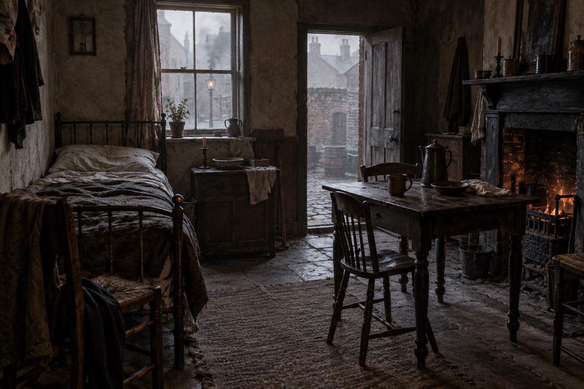 Illustration contemporaine : Chambre avec lit défait, table près d’une cheminée et porte ouverte sur une cour.