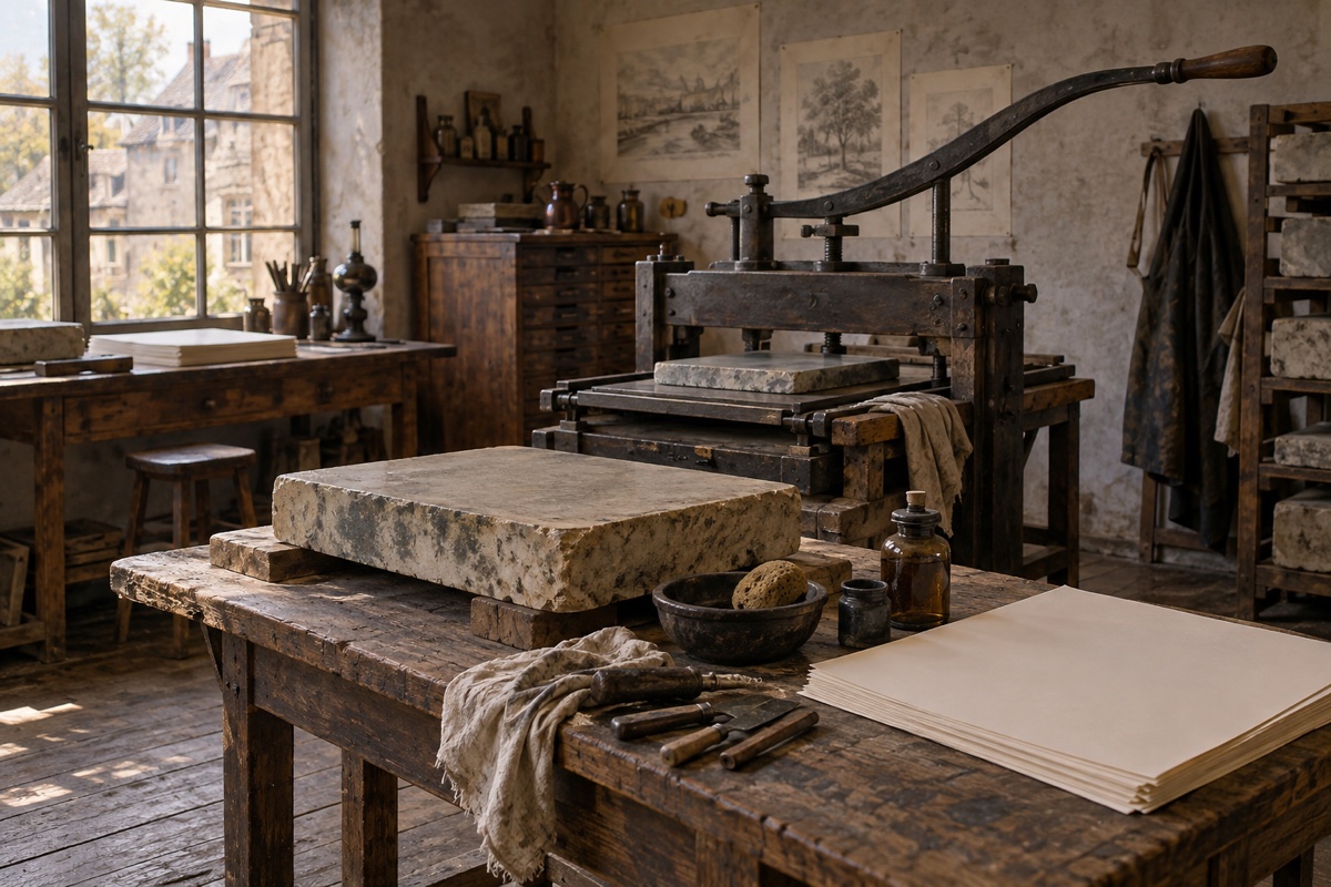 Illustration contemporaine : Presse manuelle, grande pierre, outils et feuilles blanches dans un atelier d’imprimerie.