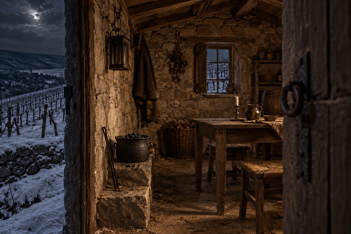 Illustration contemporaine : Cabane de pierre ouverte sur des vignes enneigées, pot de charbon et table portant une bougie allumée, une cruche et un bol.