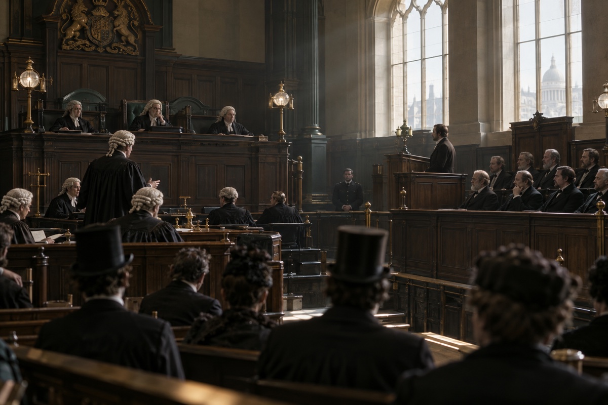 Illustration contemporaine : Salle d’audience avec juges, avocats en robes et perruques, jurés et public sur des bancs.