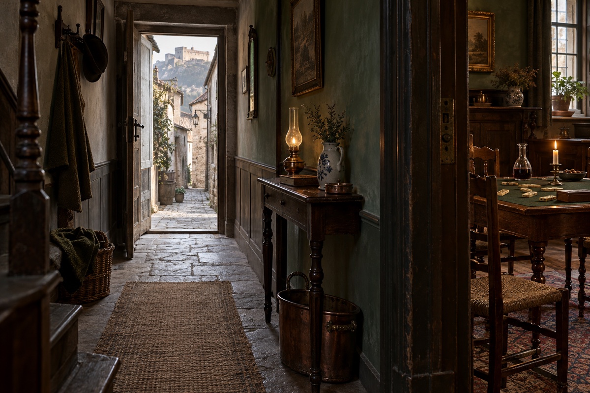Illustration contemporaine : Couloir donnant sur une ruelle, lampe sur une console et table de dominos dans la pièce voisine.