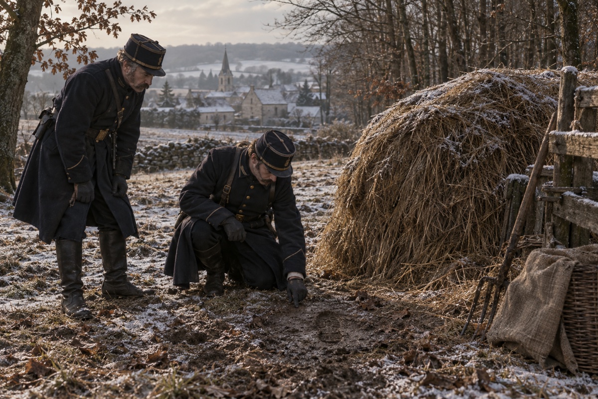 Illustration contemporaine : Deux hommes en uniforme examinant le sol près d’une meule dans un paysage enneigé.