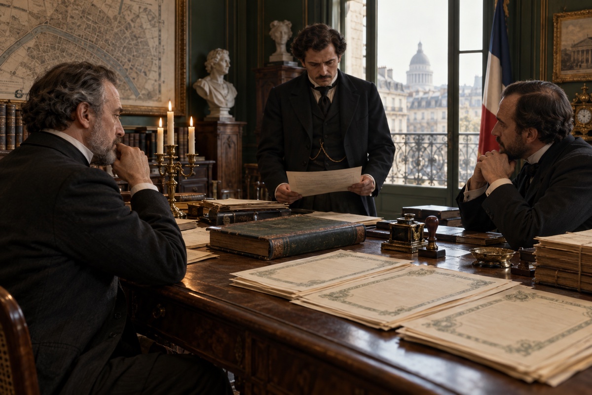 Illustration contemporaine : Trois hommes examinant des documents autour d’un bureau couvert de papiers, tampons et registres.
