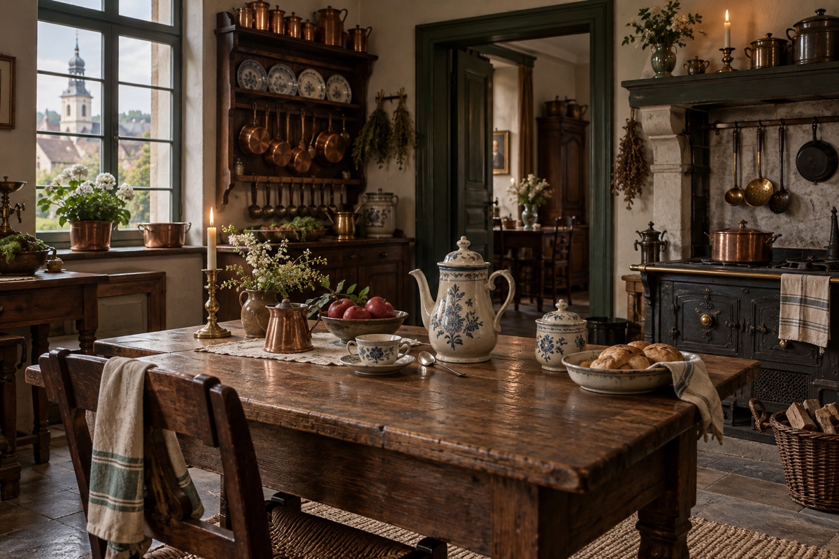Illustration contemporaine : Cuisine avec cafetière, tasses, boîte à sucre, fruits et ustensiles sur une table de bois.