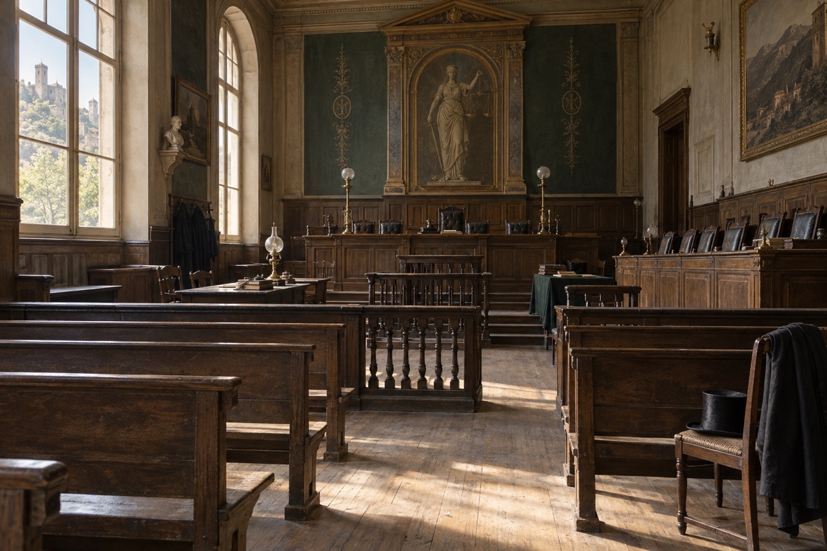 Illustration contemporaine : Salle d’audience vide avec bancs de bois, barre et estrade.