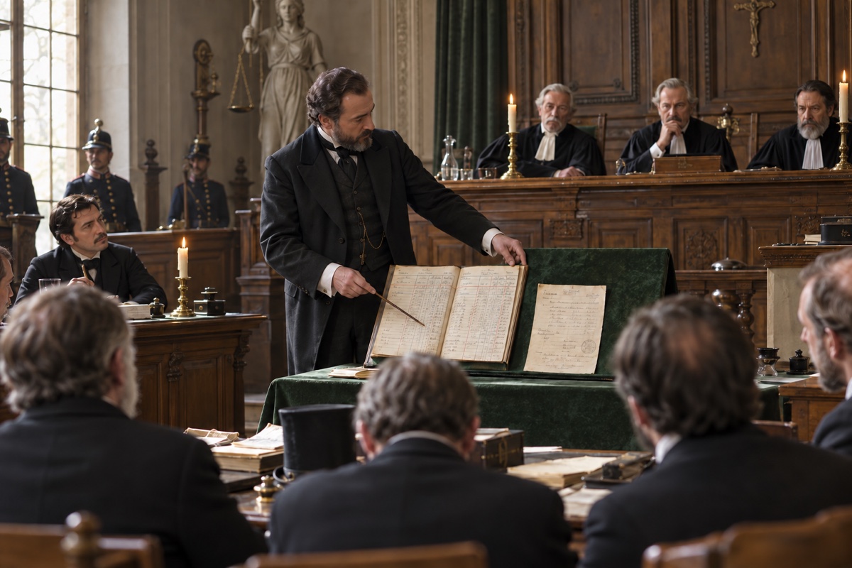Illustration contemporaine : Homme présentant un registre ouvert et une feuille aux juges dans une salle d’audience.