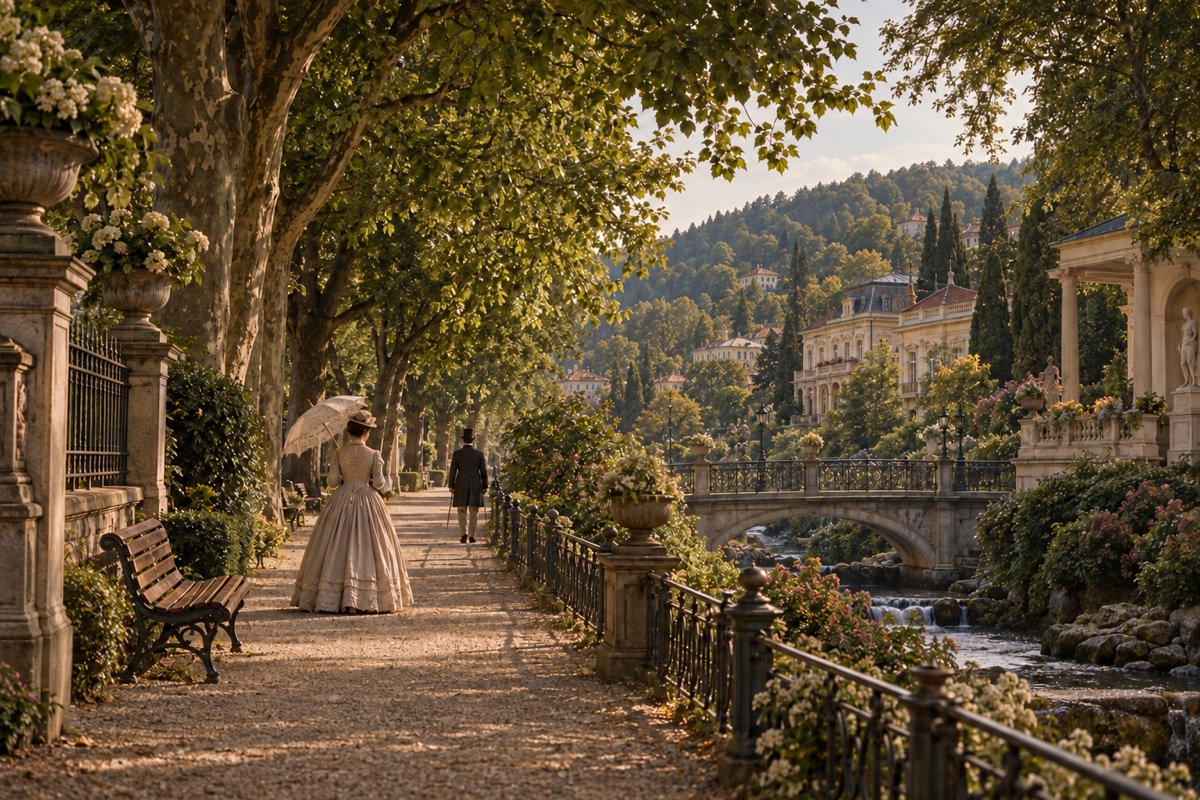Illustration contemporaine : Promenade arborée avec femme tenant une ombrelle et homme portant un chapeau, bancs, pont et villas au bord de l’eau.