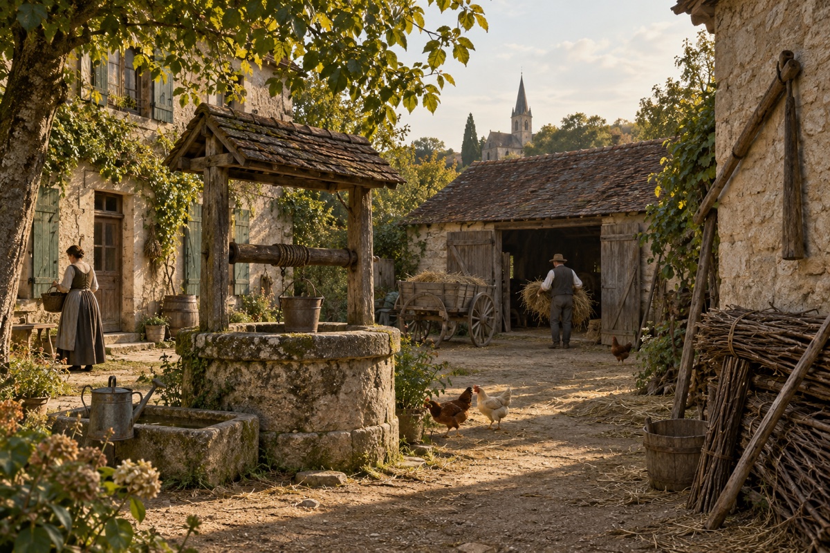 Illustration contemporaine : Puits dans une cour agricole, femme portant un panier et homme près d’une grange.