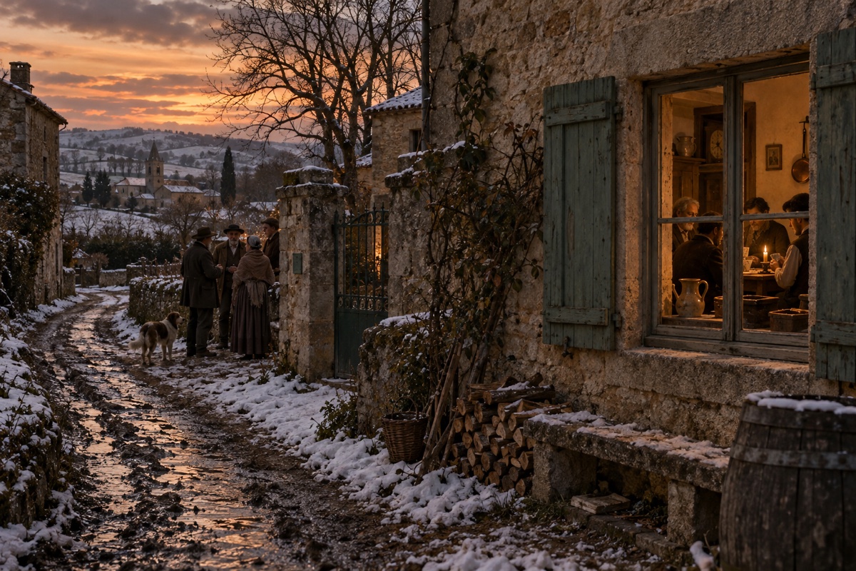 Illustration contemporaine : Maison de pierre éclairée avec personnes vues par la fenêtre, voisins et chien dans une ruelle enneigée.