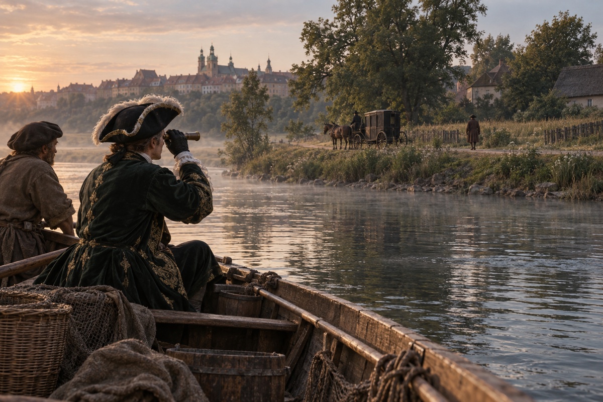 Illustration contemporaine : Deux hommes dans une barque, l’un regardant dans une longue-vue, avec carrosse sur la rive et ville à l’arrière-plan.