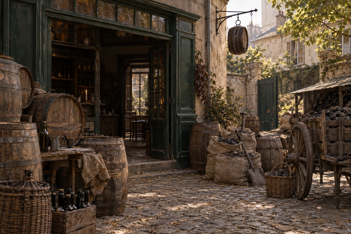 Illustration contemporaine : Boutique ouverte sur une cour pavée, avec tonneaux, bouteilles, sacs de charbon et charrette.