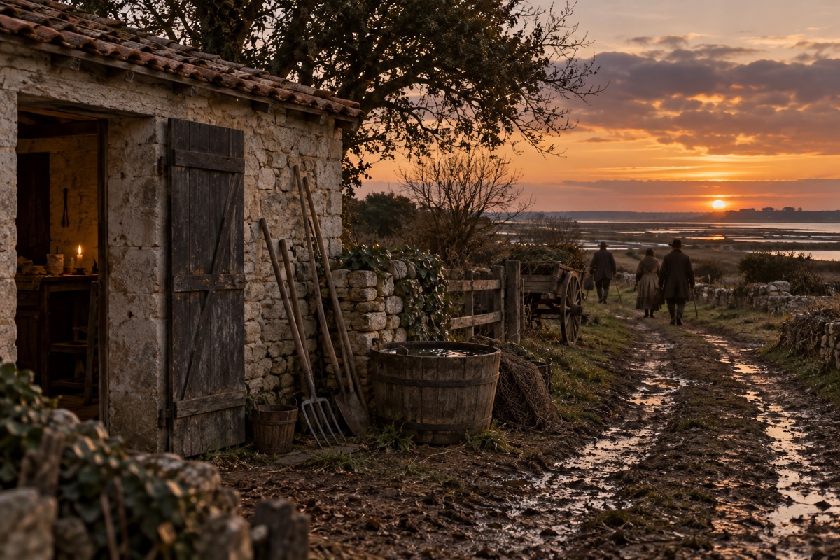 Illustration contemporaine : Petite construction de pierre près d’un chemin, baquet et outils devant la porte, trois silhouettes au loin.