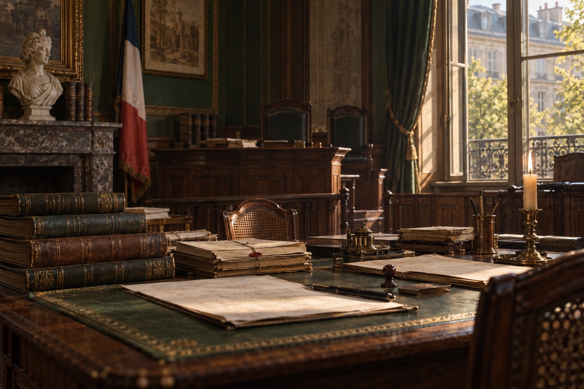 Illustration contemporaine : Salle d’audience vide avec dossiers et feuilles de comptes sur une table.