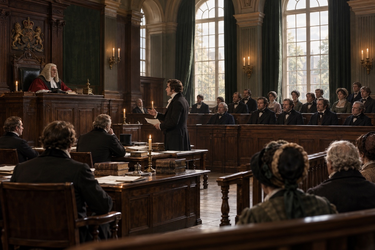 Illustration contemporaine : Audience de tribunal avec homme debout tenant un papier, magistrats et public assis.