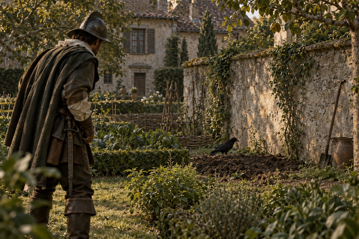 Illustration contemporaine : Homme portant un casque dans un potager, près d’un corbeau et d’un mur de pierre.