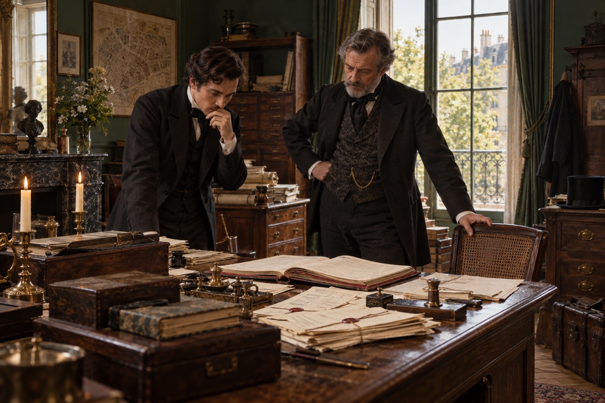 Illustration contemporaine : Deux hommes examinant un registre ouvert et des papiers sur un bureau.