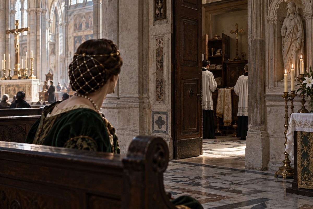 Illustration d’ambiance : un visiteur dans une église florentine de la Renaissance.