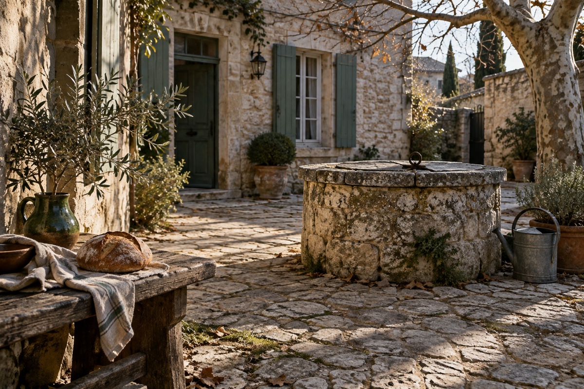 Illustration d’ambiance : un puits couvert et un morceau de pain dans une cour provençale.