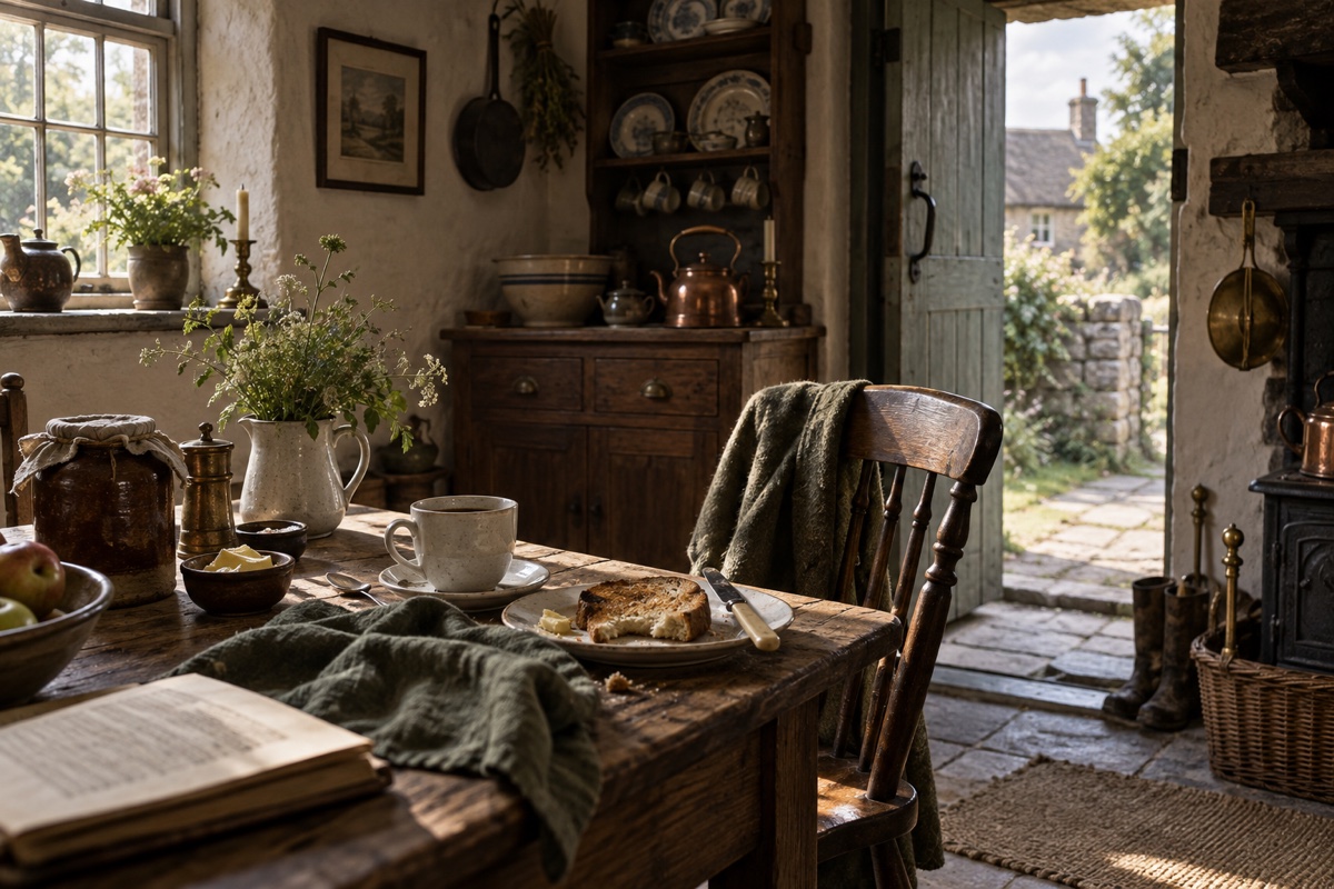 Illustration d’ambiance : un petit déjeuner interrompu dans une cuisine anglaise.